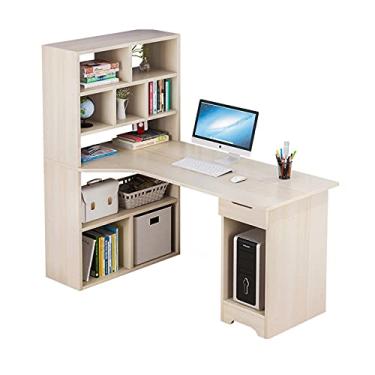 Imagem de Escrivaninha de computador, mesa de estudo de escritório, prateleiras de 5 andares, laptop, notebook, mesa de computador com gaveta e prateleiras laterais quadradas para escritório em casa
