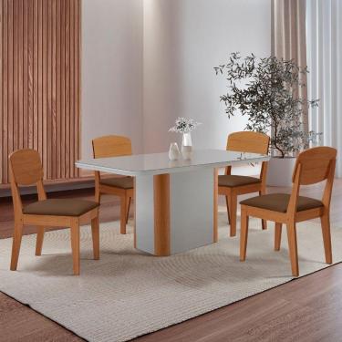 Imagem de Mesa De Jantar Isadora 120cm Tampo Mdf Vidro Com 4 Cadeiras Veludo Marrom Naturale Off White Serigrafia