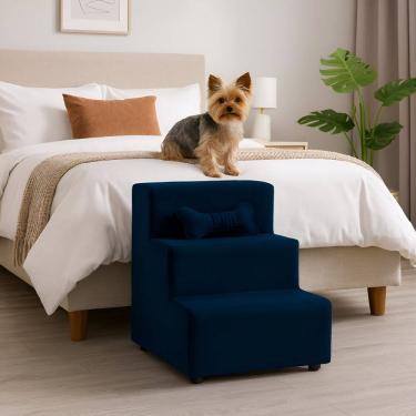 Imagem de Escada Escadinha Para Pet 3 Degraus Osso Cor Azul Marinho Veludo Liberty Móveis