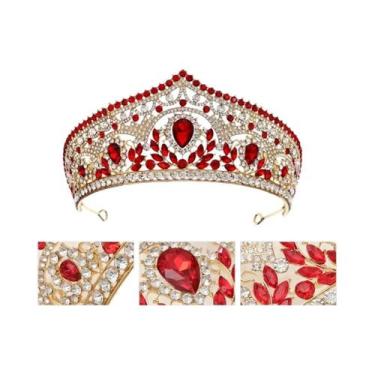 Imagem de Tiara De Noiva Com Strass Vermelhos, Coroa De Casamento Luxuosa Feita 
