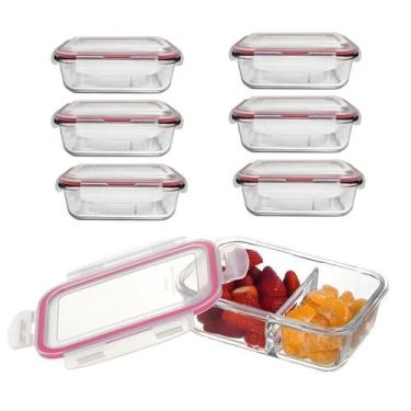 Imagem de Kit 6 Potes de Vidro com Divisória Marmita Fit 4 Travas 930ml - CLICK 