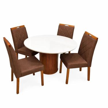 Imagem de Mesa de Jantar Dara 110cm Redonda com Vidro e 4 Cadeiras California em Veludo Estofadas Lj Móveis Cor Cinamomo Off White com Tecido Marrom