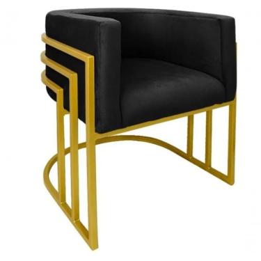 Imagem de Cadeira Poltrona Luxo Base De Metal Tripla Dourado Sala De Jantar Recepção Veludo Preto Do Lar Móveis E Decoração