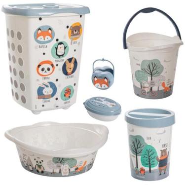 Imagem de Kit cesto de roupa de bebê decorada plasutil 6 peças + bacia + lixeira