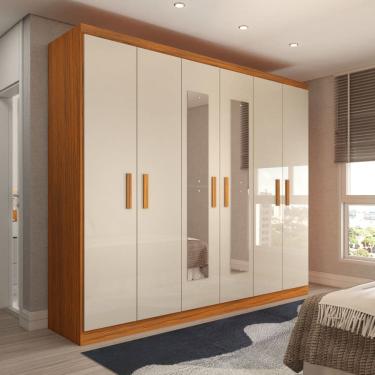 Imagem de Guarda-Roupa Casal Califa 6 Portas 2 Gavetas com Espelho Cinamomo/Off White - Panorama Móveis