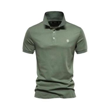 Imagem de Camisas Polo Masculinas De Algodão Com Bordado Em Cor Sólida, Manga Cu
