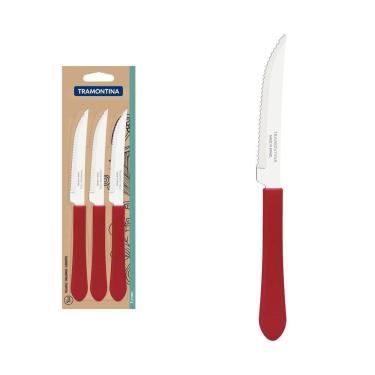 Imagem de Conjunto de Facas para Churrasco Tramontina Leme com Lâminas em Aço Inox e Cabos de Polipropileno Vermelho 3 Peças Tramontina