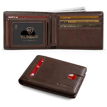 Imagem de RUNBOX Carteira masculina fina com 11 compartimentos para cartão de crédito, couro com bloqueio de RFID, pequena, fina, dobrável, bolso frontal, caixa de presente de grande capacidade, óleo de café