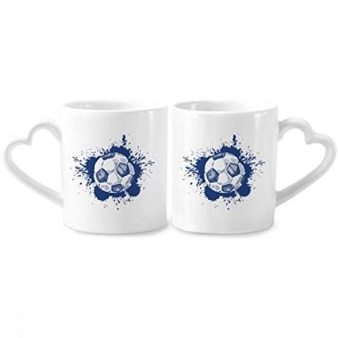 Imagem de Conjunto de canecas de porcelana para casal de futebol azul com desenho de tinta para amantes de coração