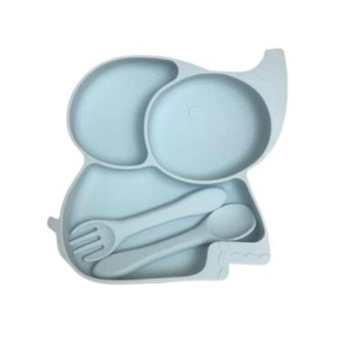 Imagem de Prato Infantil Elefante com Divisórias Ventosa e Talheres 100% Silicone Alimentar (Azul)