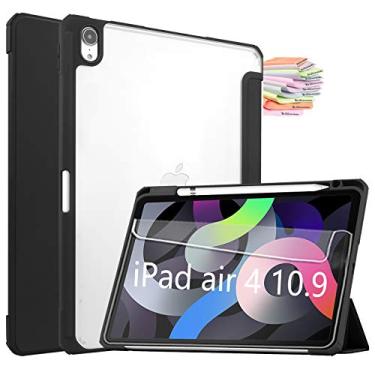 Imagem de Capa Billionn para iPad Air 4ª geração + protetor de tela, capa dobrável em três partes para iPad Air 4 10,9 polegadas 2020 Auto hibernar/despertar, capa traseira transparente, preta