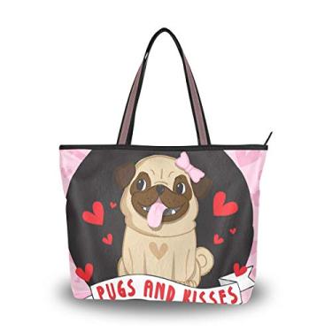 Imagem de Bolsa tote com alça superior Pugs And Kisses On Pink Bolsa de ombro para mulheres, Multicolorido., Medium