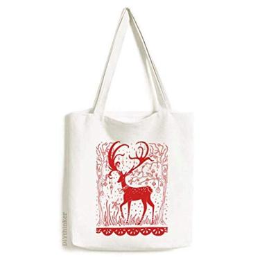 Imagem de Sacola de lona de corte de papel vermelho com desenho de veado de desenho animado bolsa de compras casual