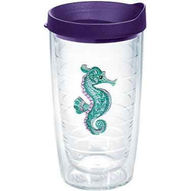 Imagem de Tervis O copo de viagem com isolamento térmico roxo azul-petróleo feito nos EUA mantém as bebidas frias e quentes, 473 ml, cavalo marinho roxo azul-petróleo