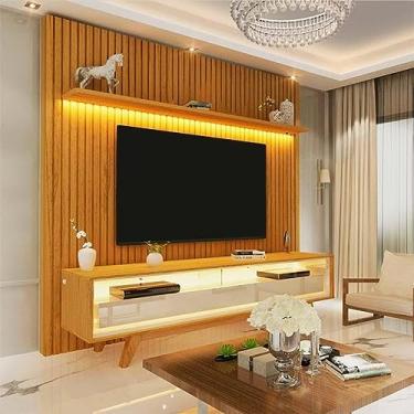 Imagem de Rack Requinte 172cm Pés Madeira com Painel Ripado Nobre Tv 75 Polegadas Com Led Gelius Naturale/off White