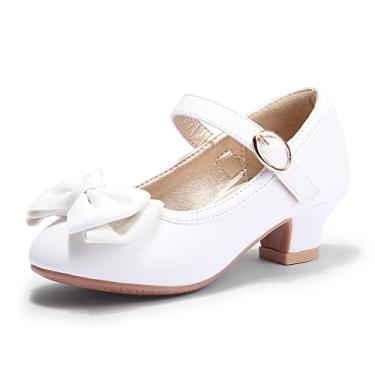 Imagem de PANDANINJIA Sapato Mary Jane vestido jada para meninas e crianças pequenas com salto laço festa casamento princesa sapatos, Rubi branco PU, 22