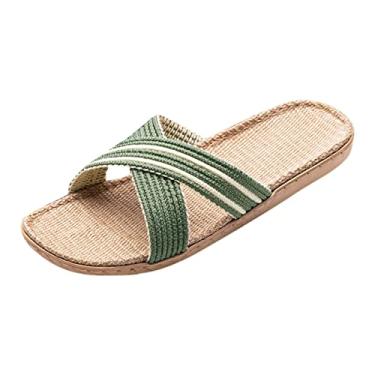 Imagem de Chinelos femininos de tecido de linho palha chinelos de fundo para mulheres homens verão casa praia sapatos de chão (verde, 6)