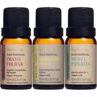 Imagem de Kit 3 Óleos Essenciais Via Aroma 100% Puros Clássicos Naturais Para Difusor, Massagem e Aromaterapia Escolha o seu (Menta Piperita+Bergamot Italy+Cravo Folhas)