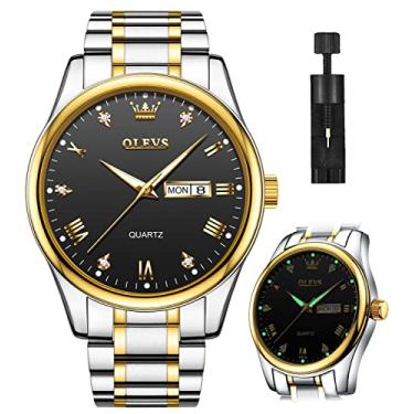 Imagem de OLEVS Relógios masculinos dourados analógicos de quartzo para negócios relógio de pulso masculino data data de aço inoxidável clássico luxo luminoso à prova d'água casual masculino, Mostrador preto de