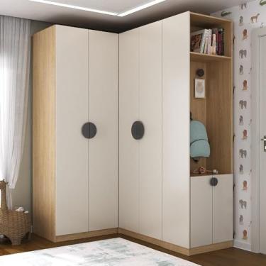 Imagem de Conjunto Modulado Infantil de Canto 3 Peças 6 Portas Nicho com 2 Gavetas e Sapateira Joy Kids Cabeca Cinza/avena