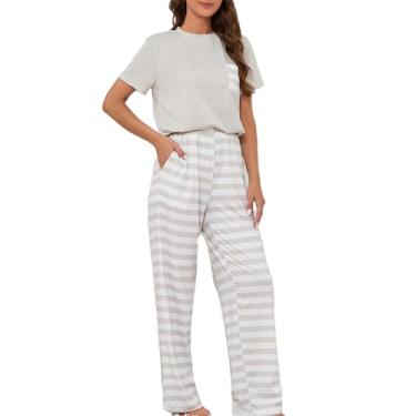 Imagem de Conjunto de Roupa de Dormir de 2 Peças, Cintura Elástica Respirável, Conjunto de Roupa de Dormir de Manga Curta Feminina, Ajuste Relaxado, Pescoço Redondo Feminino para Cama (XXL)