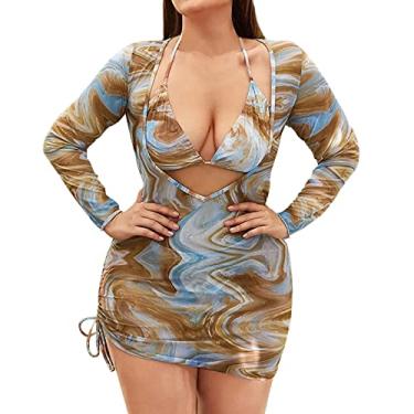 Imagem de Maiô feminino com saída de praia sexy plus size, biquíni gordinho, tanquíni de cintura alta, biquíni estilingue, Marrom, 3G