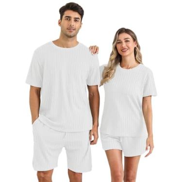 Imagem de EISHOPEER Conjunto de pijama de 2 peças, malha canelada, combinando, camiseta e shorts, roupa de dormir, roupa de dormir, roupa de dormir, moletom de verão, branco, médio, Branco - masculino, M