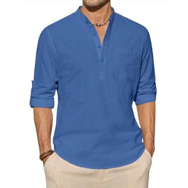 Imagem de J.VER Camisas masculinas de linho de algodão casual camisa Henley gola banda gola hippie praia tops férias camisetas com bolso, Jeans azul, XXG