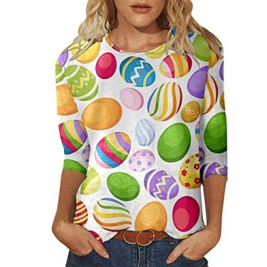 Imagem de Camisetas femininas Happy Easter com manga 3/4, estampa de coelho coelho, gola redonda, camisetas básicas de verão, A - amarelo, GG