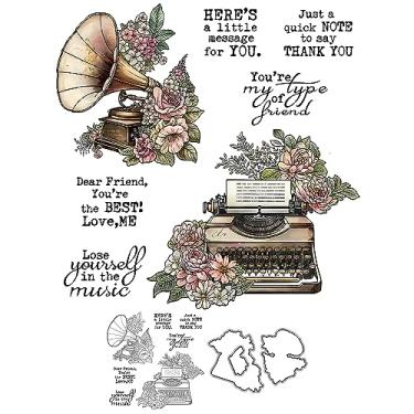 Imagem de Máquina de escrever vintage e fonógrafo com flores de rosas, carimbos transparentes e matrizes de corte de metal com caixa de envelope de plástico para fazer cartões, faça você mesmo, materiais de