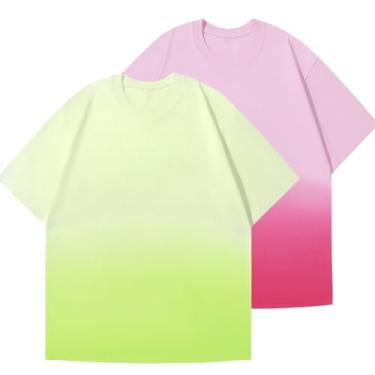 Imagem de Camisetas masculinas grandes de tingimento gradiente vintage algodão ajuste solto camiseta urbana manga curta camiseta básica tops, Rosa + amarelo, PP