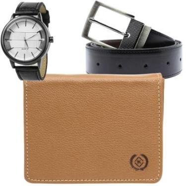 Imagem de Carteira Masculina De Couro Legítimo Porta Cartão Cnh + Cinto Masculino + Relógio Masculino-Masculino