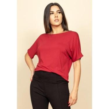 Imagem de Blusa Básica Morcego Malha Gola Canoa Manga Curta Bordô - P-Veste do 38 ao 40-Feminino