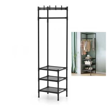 Imagem de Arara Cabideira de Canto Prateleira 3 Andares Rack Sapateira Calçado Chinelo Gancho Multiuso Roupa Blusa Casaco Organização Versatil Resistente