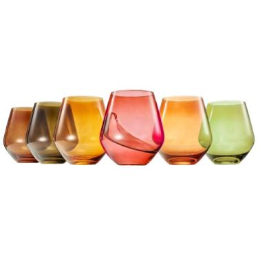 Imagem de Taças de vinho coloridas Shades of Fall Autumn | Conjunto de 6 | Cristal Grande 473 ml - Copos para beber cálice sem haste, conjunto de presente de vidro multicolorido de luxo - Ela, esposa, amiga -