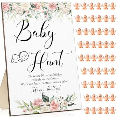 Imagem de Roowest 51 peças de jogos de chá de bebê incluem placa de caça de bebê de madeira 50 mini bebês de plástico pequenos meninos meninas jogos de chá de bebê revelar gênero brindes de festa prêmios de chá