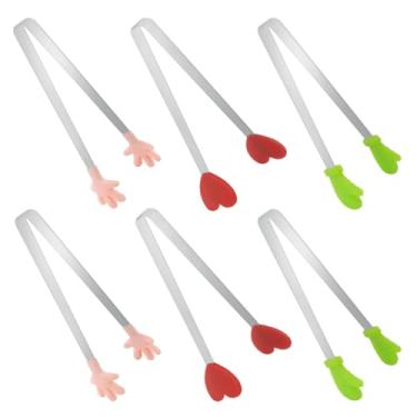 Imagem de TKYPZY 6 mini pinças de silicone em forma de coração, luvas e mãos, para alimentos, pequenas pinças de aço inoxidável, para cubos de gelo, açúcar, frutas, salada, churrasco, buffet
