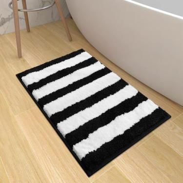 Imagem de Sivilife Tapete de banho listrado preto e branco, tapetes de banheiro absorventes de água de pelúcia antiderrapantes laváveis na máquina tapete de banheiro de secagem rápida tapete de banheiro interno tapete de banho felpudo de luxo para chuveiro pia de banheira, 45,7 cm x 63,5 cm