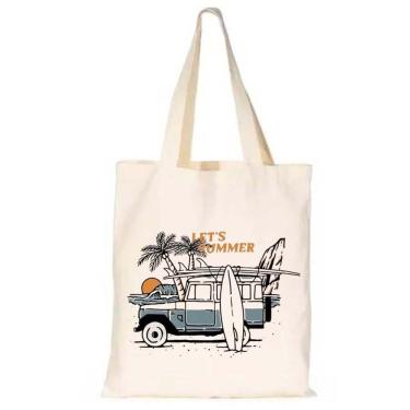 Imagem de Sacola Ecobag Alça Fixa Estampa Lets Summer Coqueiro Praia Confortavel Bolsa Ecologica Moderna