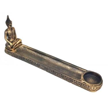Imagem de Incensário Porta Incenso Buda Tibetano Dourado 26cm
