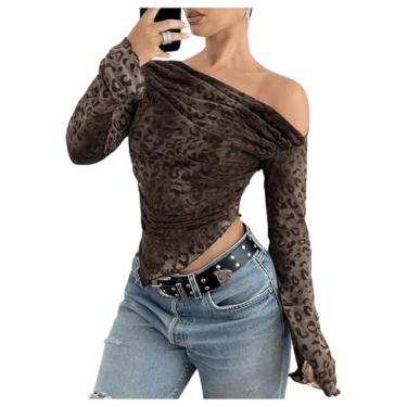 Imagem de GORGLITTER Camiseta feminina de manga comprida assimétrica com estampa de leopardo Y2k ombro de fora, Marrom, P