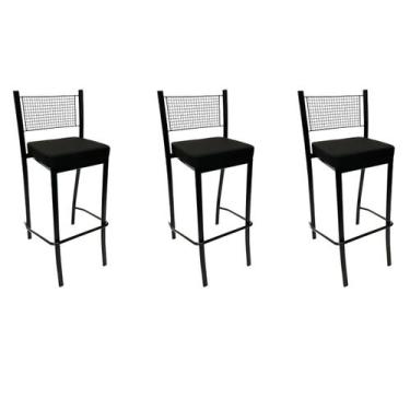 Imagem de Kit 3 Banquetas alta para cozinha Empilhável preta assento em linho co
