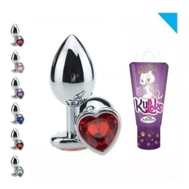 Imagem de Kit Sex Shop Plug Anal em Aço Inox com Jóia Coração + Gel Anestesico D