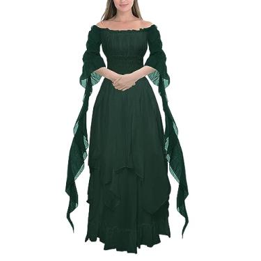 Imagem de YEAXLUD Vestido vitoriano feminino, manga bufante, ombro de fora, babados, plus size, fantasia medieval para mulheres, vestido renascentista, Verde, 3G