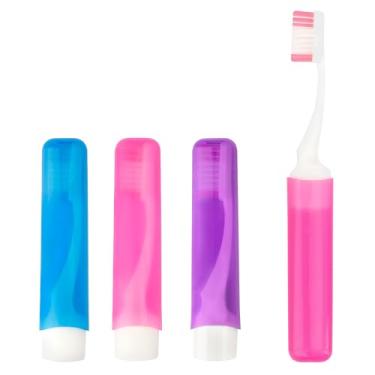 Imagem de Conjunto de 3 mini escovas de dentes portátil, escova de dentes dobrável macia com capa, embalada individualmente para viagens, casa, acampamento - roxo, rosa, azul