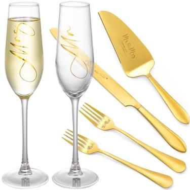 Imagem de VARLKA Conjunto de 6 taças de champanhe de casamento com faca de bolo e servente, presentes de casamento para noiva e noivo, presentes de chá de noiva de noivado (ouro)