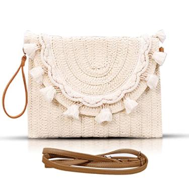 Imagem de Bolsas transversais para mulheres, bolsas clutch de palha, pacote envelope de tecido feito à mão com borla branca simples, bolsas de borla para mulheres, férias, viagens, combinação diária, Bege