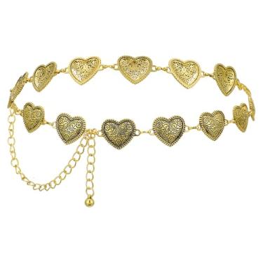 Imagem de AOZUO Cintos femininos de corrente de coração ocidental, cinto concho de metal, moderno, cowgirl, boêmio, saia country, vestido e calça jeans, Dourado, 105cm/41.33in