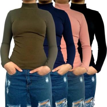 Imagem de Kit 4 Blusinhas Femininas Gola Alta Manga Longa Justas Lisas Cores Sor