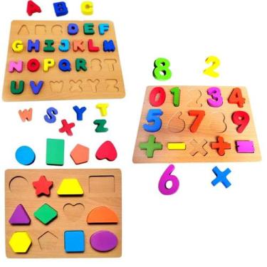 Imagem de Kit Brinquedo de Madeira para Encaixar Letras Formas Geométricas e Núm
